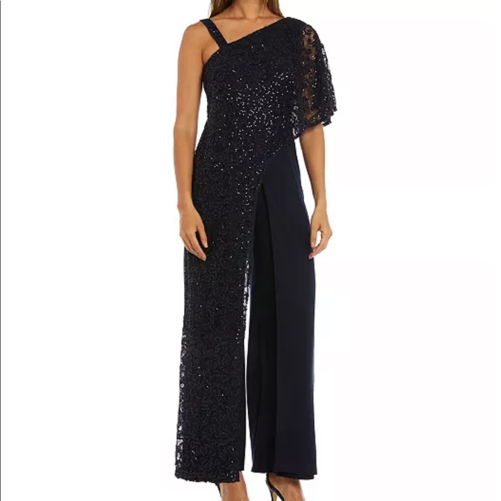 NWT Dark Navy R & M Richards Petite Sequin Overlay Jumpsuit